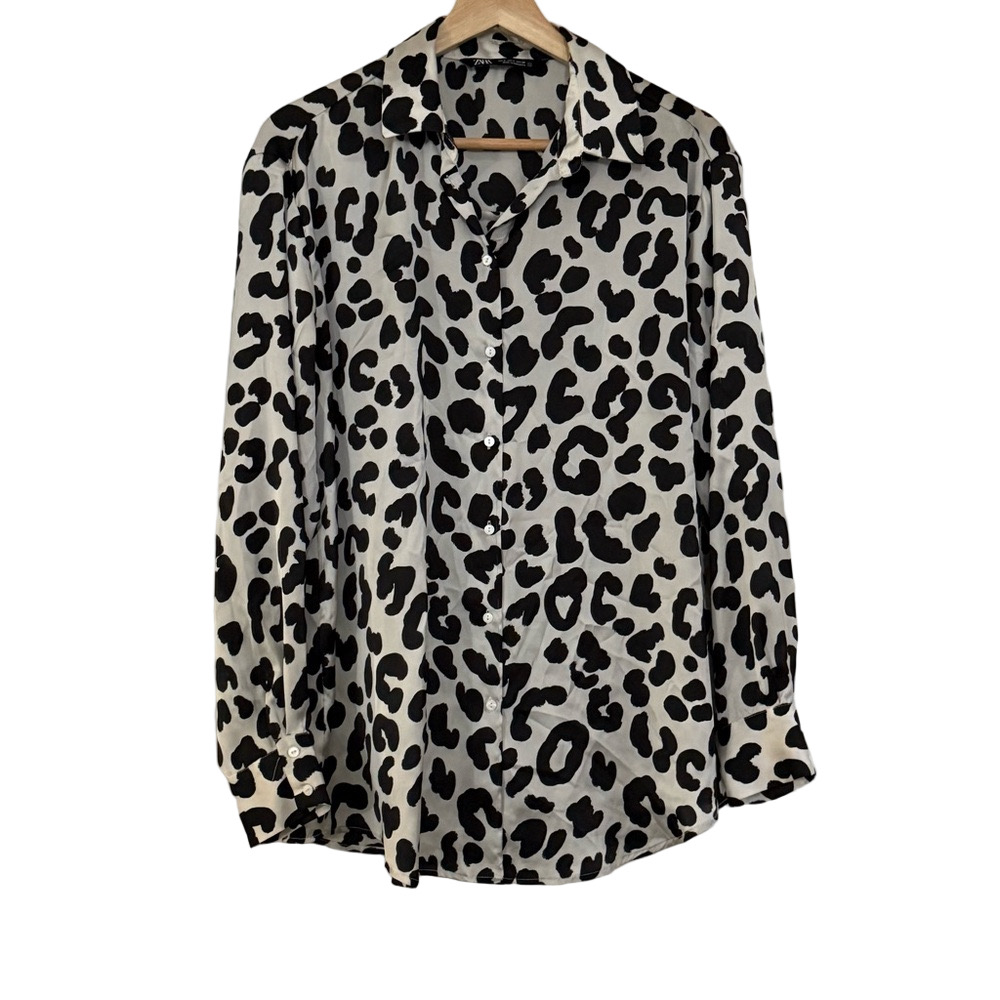 Zara Black and White Animal Print Button Down Shirt